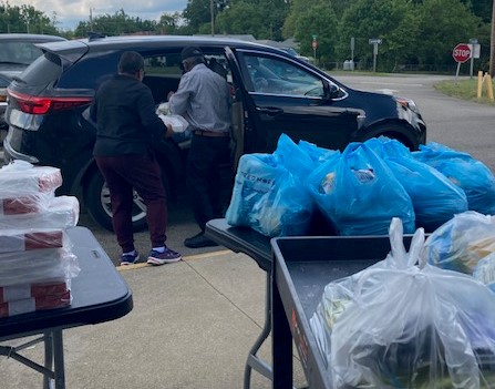 2 people taking bags to a car with several bags of food nearby